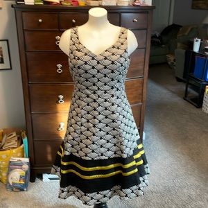 Spring/summer sleeveless dress. Lined, fit and flair. Falls just above knee.